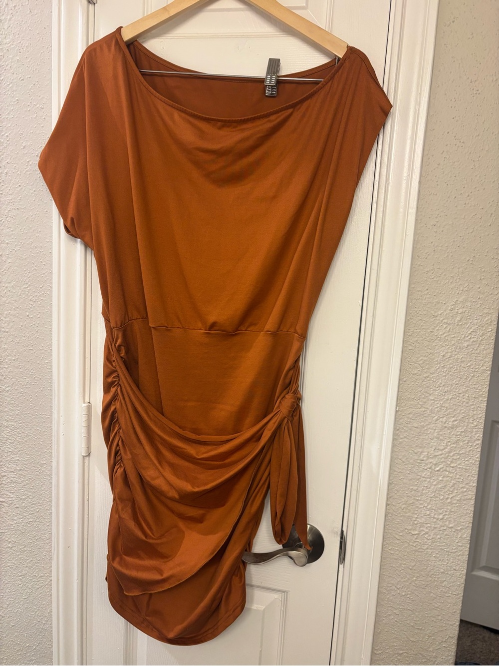 WSHEIN One-Shoulder Rust Orange Draped Side-Tie Dress